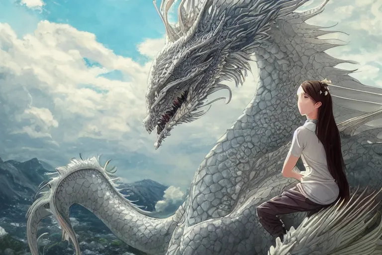 Image similar to the beautiful hyper detailed big scene portrait render that a beautiful girl sitting on the back of a huge silver white dragon alone in fairyland surrounded by white clouds, finely detailed angelic face delicate features, style of studio ghibli, makoto shinkai, artgerm, karol bak, kazuki tanahashi, james jean, ross tran, xision, ultra wide angle