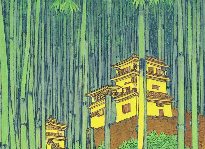 Image similar to japanese yellow fortress in a city inside the bamboo forest by studio ghibli painting