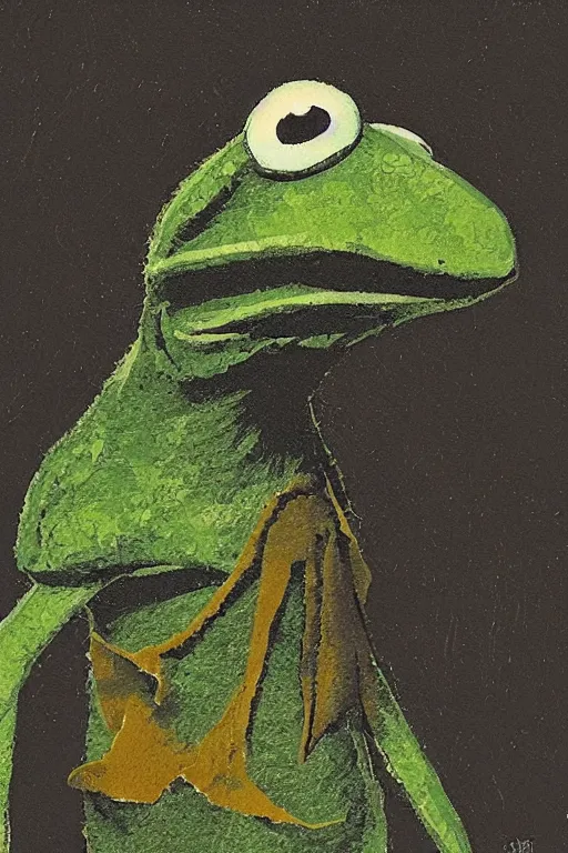 Image similar to solemn portrait of Kermit the frog by Dave McKean