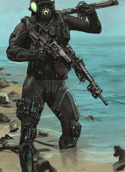 Image similar to Chidi. USN blackops operator emerging from water at the shoreline. Operator wearing Futuristic cyberpunk tactical wetsuit and looking at an abandoned shipyard. Frogtrooper. rb6s, MGS, and splinter cell Concept art by James Gurney, Alphonso Mucha. Vivid color scheme.