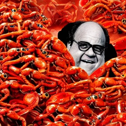 Prompt: HD detailed Danny Devito fighting an army of small red crabs