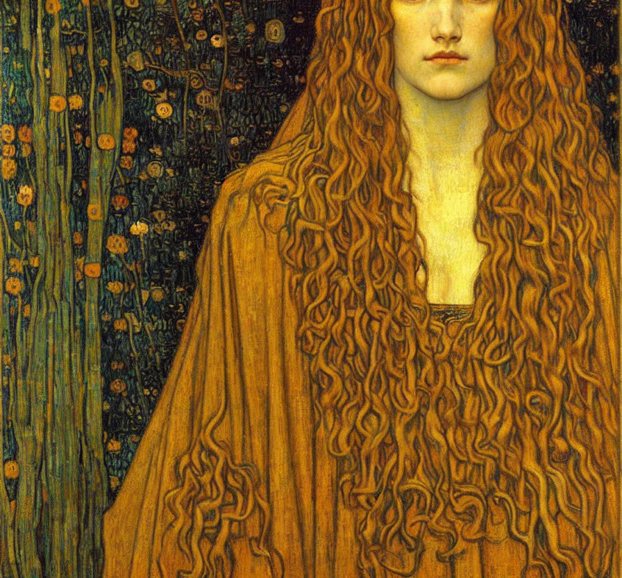 Image similar to detailed realistic beautiful young medieval queen face portrait by jean delville, gustav klimt and vincent van gogh, art nouveau, symbolist, visionary, gothic, pre - raphaelite, muted earthy colors, desaturated