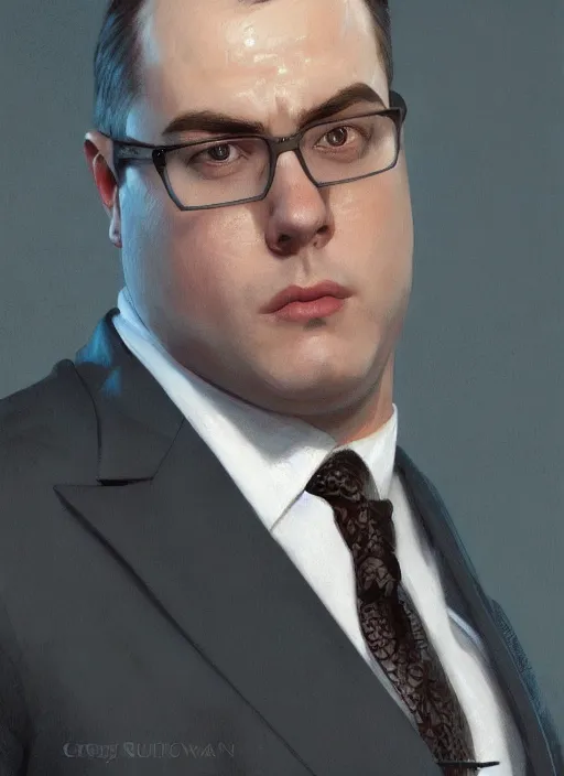 Image similar to portrait of a clean - shaven chubby chubby chubby white man in a suit and tie, office setting, d & d, detailed, digital art, artstation, smooth, sharp focus, art by artgerm, greg rutkowski, alphonse mucha