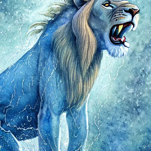 Image similar to a male lion's face breaching through a wall of water, water sprites, splashing, deep blue water color, highly detailed