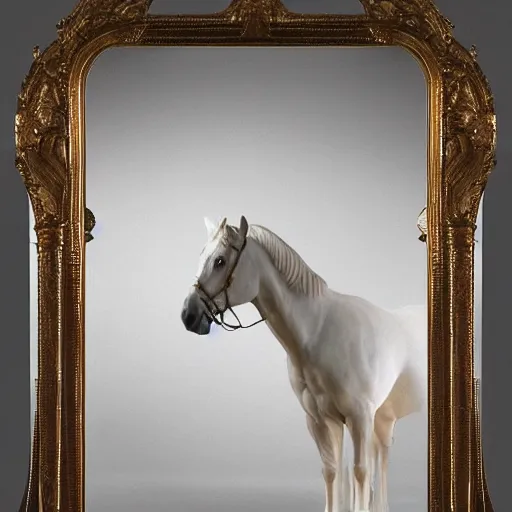 Image similar to an all white horse, with no facial features, like a white mask pulled over their face, full body laying in a blood red pool of water there is an overhead glowing floating golden mirror frame, inspired by the bohemian grove sacrifice ritual and outside the mirror frame is a deep space, physically accurate, dynamic lighting, intricate, elegant, highly detailed, very very Roberto Ferri, sharp focus, very very unsettling, very terrifying, illustration, art