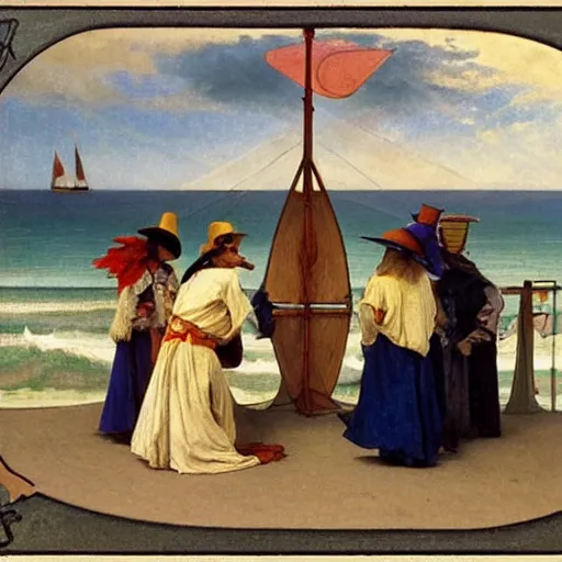 Image similar to People with jester hats and clothes forming a circle on the front of a Balustrade with a beach and a sail boat on the background, major arcana cards, by paul delaroche, alphonse mucha and arnold böcklin arnold böcklin hyperrealistic 8k, very detailed