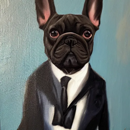 Image similar to oil painting of a french bulldog wearing businessman attire