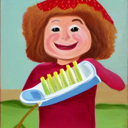 Image similar to a cute strawberry with two front teeth, holding a yellow toothbrush, in the style of debbie criswell