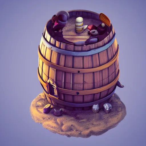 Image similar to isometric 3 d fantasy cute barrel, smoth 3 d illustration, cinematic matte painting, soft render, servando lupini, handpaint texture, blender, 3 dcoat