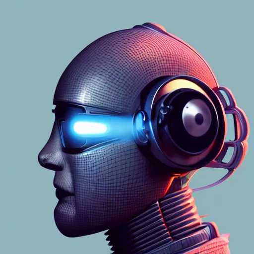 Prompt: retro vintage sci - fi, cyber robot wearing vr headset, 3 d illutration, profile face portrait, night, detailed, cyberpunk style, character, ai, detailed,