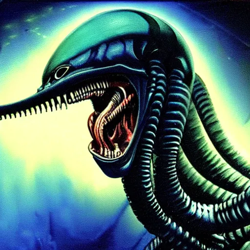 Image similar to a xenomorph looking menacingly at the camera, dramatic blue lighting, night, painted by h. r. giger