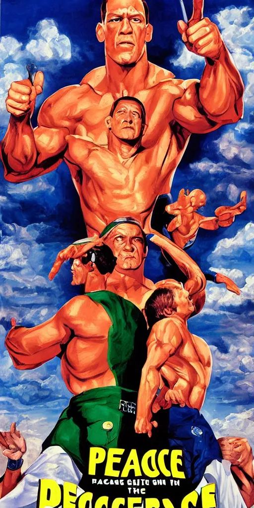 Prompt: The Peacemaker TV Show promo poster featuring John Cena as PeaceMaker and Eagly by Alex Ross, oil painting