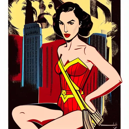 Prompt: illustration, full body portrait of gal gadot in the style of bill medcalf, retro, 1 9 5 0, 4 k, detailed