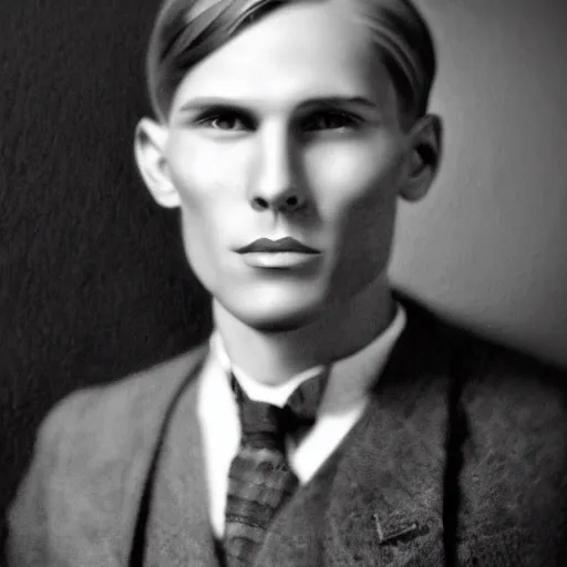 Image similar to A photograph portrait of Jerma985 with short hair in the early 1930s, taken in the early 1930s, grainy, taken on a early 1930s Kodak Camera, realistic, hyperrealistic, very realistic, highly detailed, very detailed, extremely detailed, detailed, digital art, trending on artstation