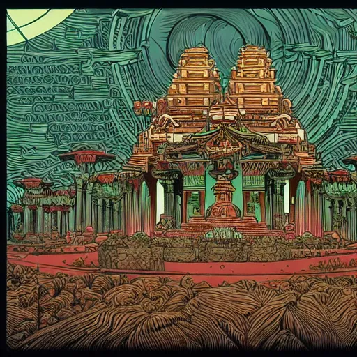 Image similar to highly detailed illustration of a temple on a strange planet, featured in juxtapoz magazine, featured in behance, by kilian eng, by thomas rome