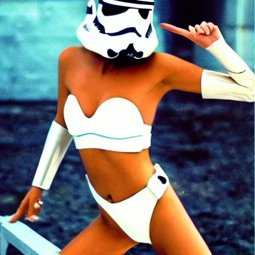 Image similar to female supermodel with stormtrooper helmet and white bikini, style of 8 0 s movie poster