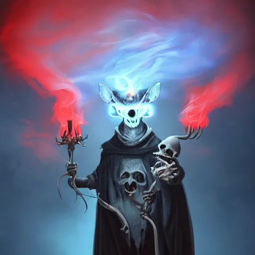 Image similar to an anthropomorphic rat with a rat skull head and glowing red eyes wearing dark robes and floating in blue smoke and holding a blue flame in each bony claw, dramatic lighting, darkness and bright blue smoke, foreboding, photorealistic, sharp focus, 8 k, artstation, artstation hq, greg rutkowski, gregory manchess