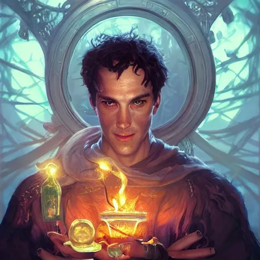 Image similar to man holding he's soul in a jar portrait, backlight, rim lighting, deep focus, d & d, fantasy, intricate, elegant, highly detailed, digital painting, artstation, concept art, matte, centered, sharp focus, illustration, hearthstone, art by artgerm, greg rutkowski and alphonse mucha