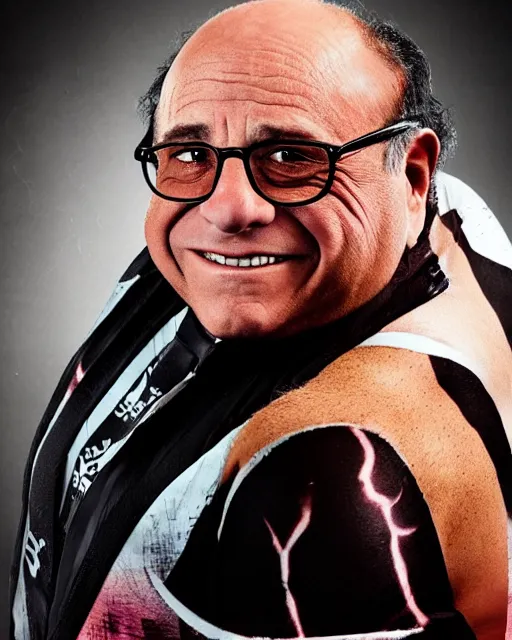 Image similar to portrait of danny devito as a wwe professional wrestler. photographic, photography