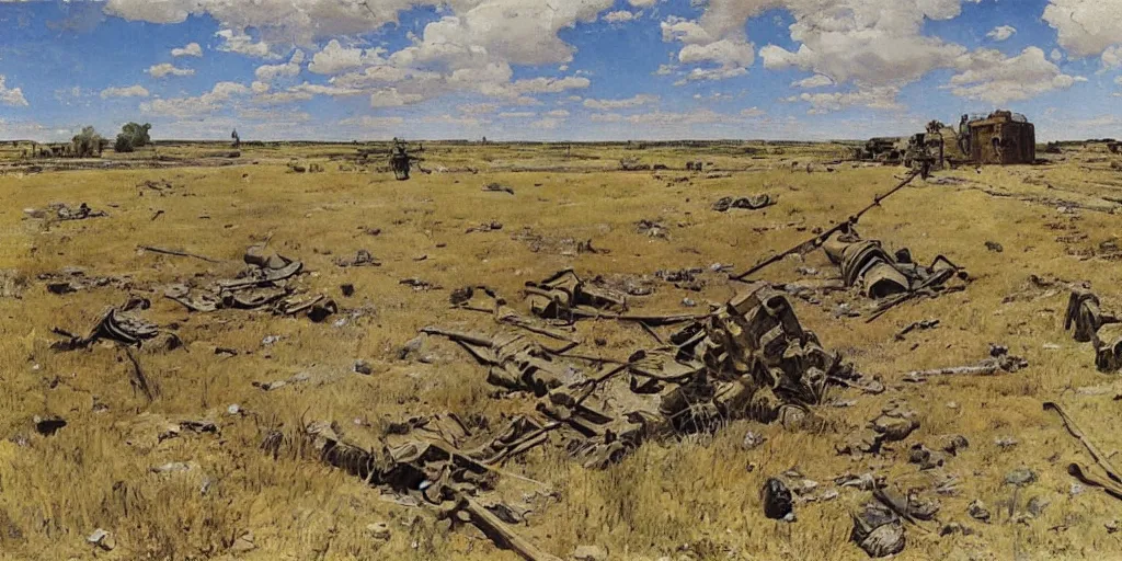 Prompt: aftermath of a battle on the Eastern Front, WW2, sunny day, craters and trenches, painting by Isaac Levitan