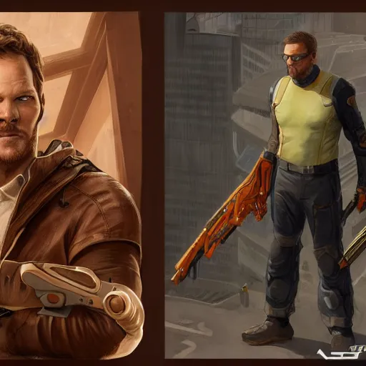 Image similar to chris pratt as the gordon freeman from half life, unreal engine, sci fi, intricate, elegant, highly detailed, digital painting, artstation, concept art, matte, sharp focus, illustration, art by john collier and albert aublet and krenz cushart and artem demura and alphonse mucha