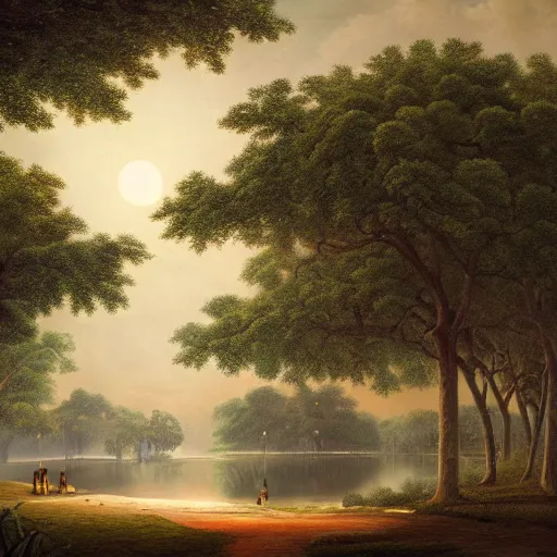 Prompt: matte painting of a park in yucatan mexico at night with a full moon, large ceiba trees, by asher brown durand and greg rutkowski, featured on artstation, blue and orange color scheme