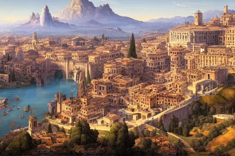 Image similar to an ultra detailed matte landscape painting of an italian renaissance capital city built on top of a large hill sweeping vista, italian renaissance architecture, ultrawide lense, aerial photography, 8 k, volumetric lighting, smooth, highly detailed, digital illustration, art by greg rutkowski and akira toriyama and artgerm