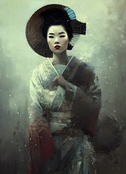 Image similar to female geisha girl, beautiful face, rule of thirds, intricate outfit, spotlight, trypophobia, by greg rutkowski, by jeremy mann