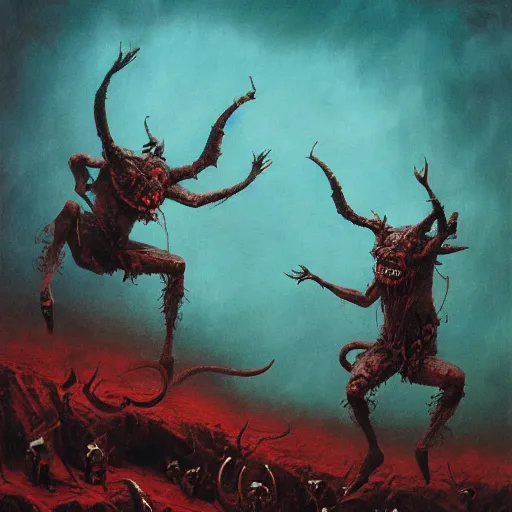 Prompt: two demons dance ballet in hell, beksinski, dariusz zawadzki, very coherent symmetrical artwork. cinematic, hyper realism, high detail, octane render, 8 k