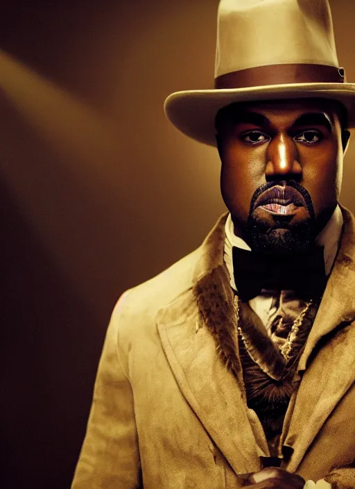 Image similar to portrait kanye west as willy wonka in django unchained, splash art, movie still, cinematic lighting, long lens, shallow depth of field, bokeh, anamorphic lens flare, 8 k, hyper detailed, 3 5 mm film grain