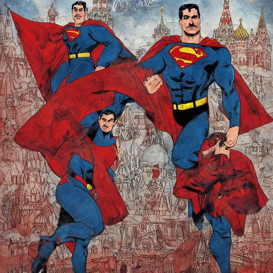 Image similar to epic comic book cover of stalin as superman floating over the red square ( moscow ), socialist realism, aesthetically pleasing, finely detailed facial features, hyperrealistic, intricate digital art, trending artstation, artgem, rich moody colors, fan art, concept art, in the style of the red son, by cory walker and ryan ottley