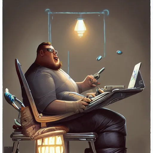 Image similar to a insanely detailed painting of a slightly overweight man wearing a homemade superhero costumed, sitting at a computer desk, nervously and clicking on the mouse, in the style of peter mohrbacher, dramatic lighting and composition, trending on artstation, concept art, comic book