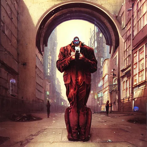 Image similar to portrait of masked cyberpunk scientist on the art deco streets of the Empire city, award-winning realistic sci-fi concept art by Beksinski, Bruegel, Greg Rutkowski, Alphonse Mucha, and Yoshitaka Amano