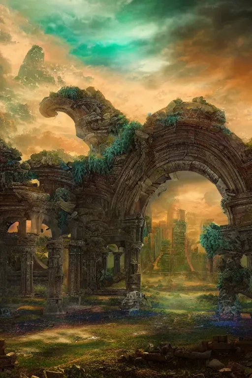 Prompt: beautiful matte painting vaporwave, fantasy ruins skyline background painted, intricate, volumetric lighting, beautiful, rich deep colors masterpiece, sharp focus, ultra detailed by