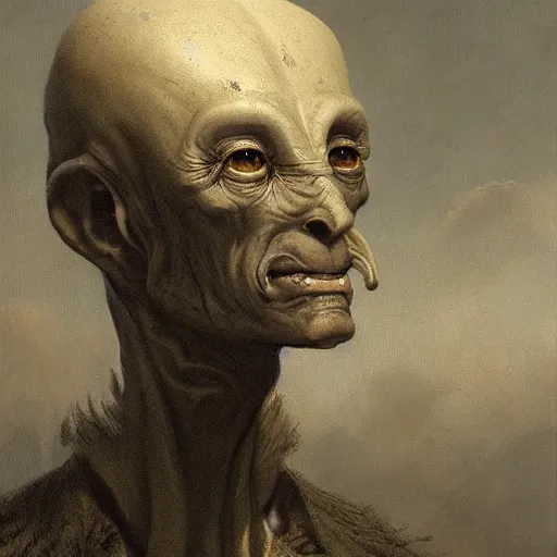 Prompt: male gray alien portrait, extraterrestrial by andreas achenbach