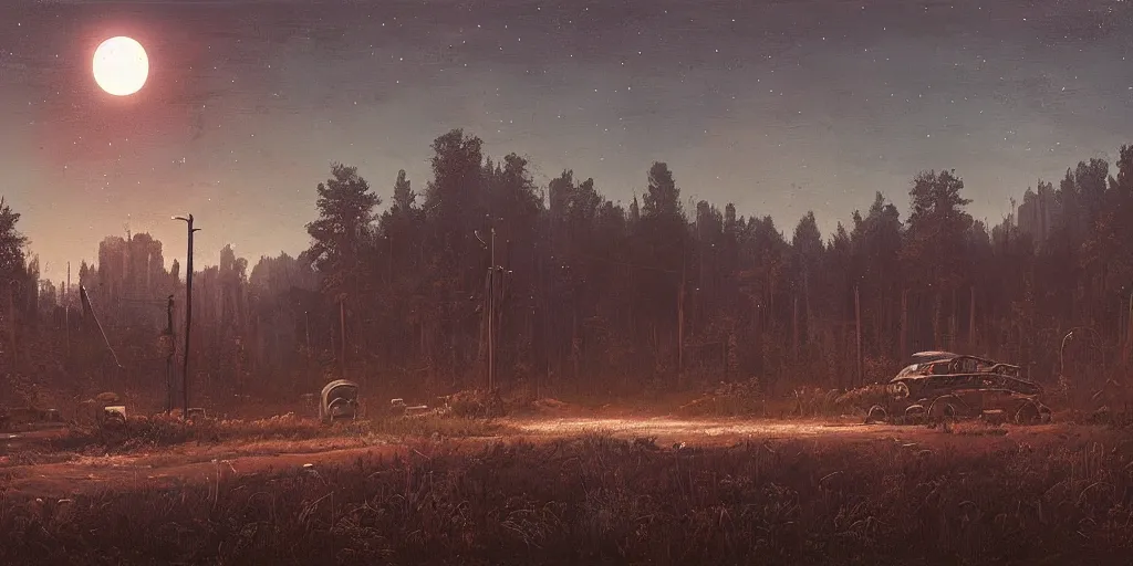 Image similar to abandoned civilisation at full moon night, landscape painted by simon stalenhag