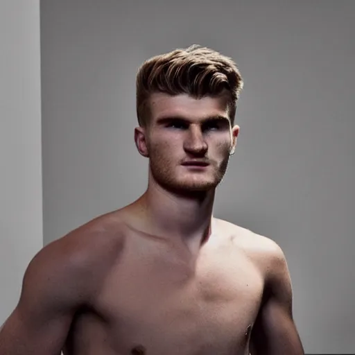 Image similar to a realistic detailed photo of a guy who is an attractive humanoid who is half robot and half humanoid, who is a male android, soccer player timo werner, shiny skin, posing like a statue, blank stare, in a living room, on display, showing off his muscles