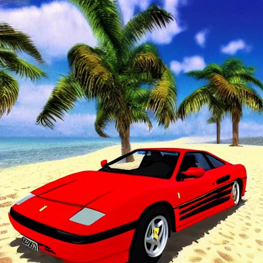 Image similar to a red Ferrari testarossa next to a white sand beach with palm trees. 16bit graphics. Outrun game