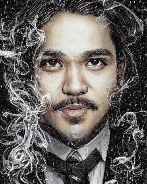 Prompt: a highly detailed portrait of carlos valdes radiating a powerful energy aura, ornate black tuxedo, no mustache, no beard, long hair, wispy tendrils of smoke, intricate, digital painting, old english, raining, sepia, particles floating, whimsical background by marc simonetti, artwork by liam wong