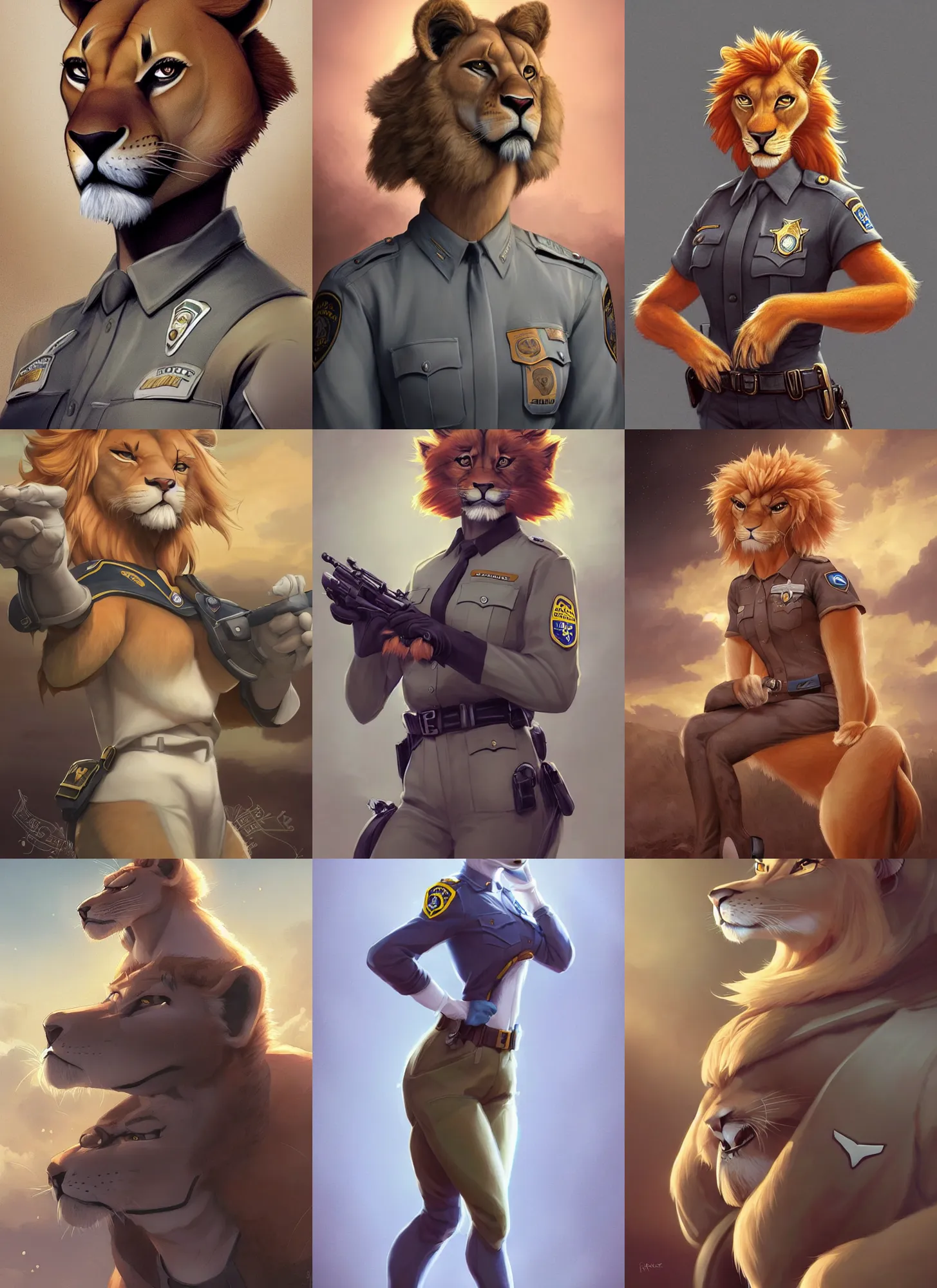 Prompt: beautiful portrait of a female anthropomorphic lioness fursona wearing a state trooper uniform. character design by disney, charlie bowater, ross tran, artgerm, and makoto shinkai, detailed, soft lighting, rendered in octane