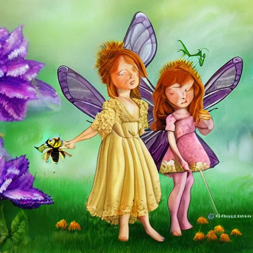 Prompt: fantasy character portrait, two fairies helping a bee to pollinate a flower, close up