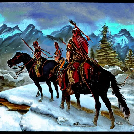 Image similar to digital art savage indians on the warpath riding horses through a rocky creek in the snow