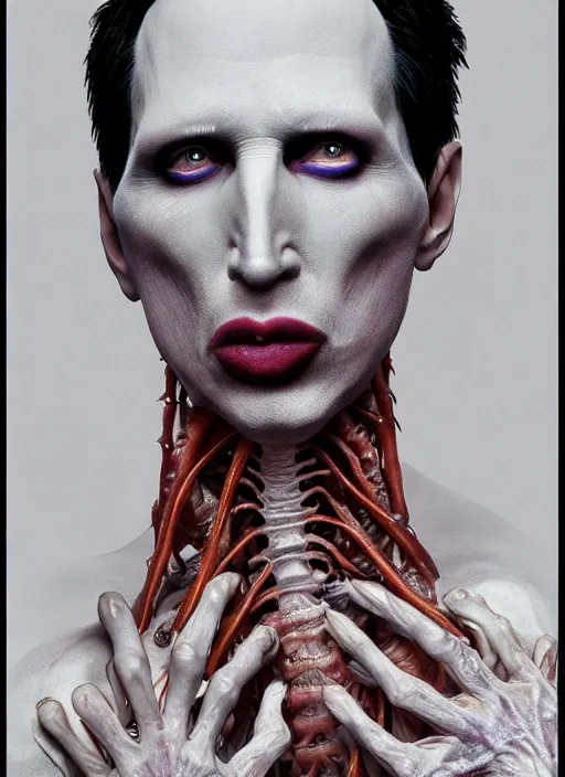 Prompt: portrait of marilyn manson with translucent skin, visible muscles and veins and arteries and bones and spines and nerves, beautiful detailed intricate insanely detailed octane render, 8 k artistic photography, photorealistic, chiaroscuro, by david cronenberg, raphael, caravaggio