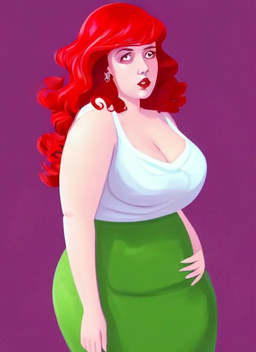 Image similar to full body portrait of teenage cheryl blossom, obese, bangs, green eyes, sultry, realistic, red hair, sultry smirk, wavy hair, pink skirt, fat, intricate, elegant, glowing lights, highly detailed, digital painting, artstation, concept art, smooth, sharp focus, illustration, art by wlop, mars ravelo and greg rutkowski