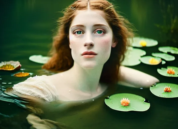 Prompt: Kodak Portra 400, 8K, soft light, volumetric lighting, highly detailed, britt marling style 3/4 ,portrait photo of a beautiful woman how pre-Raphaelites painter, the face emerging from the water of a pond with water lilies, part of the face is underwater, she has a beautiful lace dress and hair are intricate with highly detailed realistic beautiful flowers , Realistic, Refined, Highly Detailed, natural outdoor soft pastel lighting colors scheme, outdoor fine art photography, Hyper realistic, photo realistic