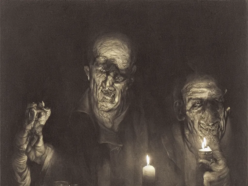 Prompt: Expressive portrait of an old frankenstein. Candlelight. Painting by Gustave Dore, August Sander