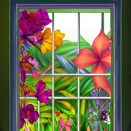 Prompt: a window full of tropical flowers, inside the window you can see the galaxy, fantasy art, trend in artstation