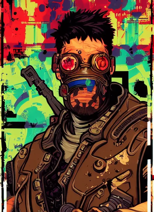 Image similar to vernon. buff cyberpunk mercenary. portrait illustration, pop art, splash painting, art by ashley wood, alphonse mucha, laurie greasley and josan gonzales ( apex legends )