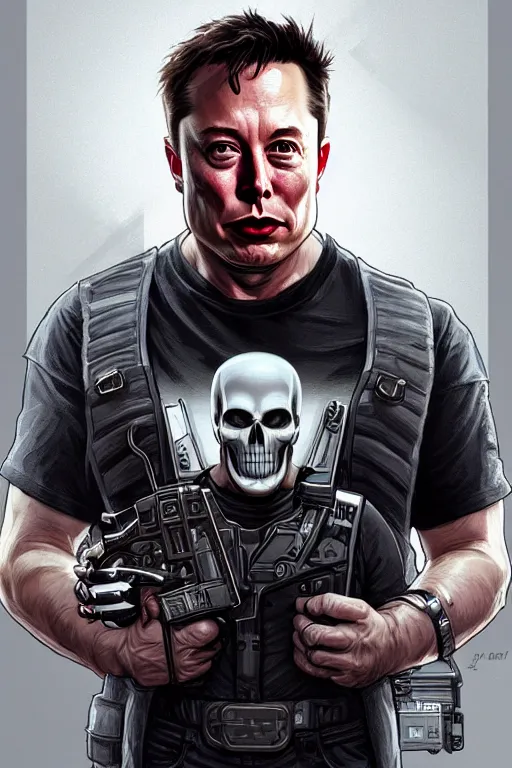 Prompt: elon musk as punisher, realistic portrait, skull on vest, highly detailed, digital painting, artstation, concept art, smooth, sharp focus, illustration, cinematic lighting, art by artgerm and greg rutkowski and alphonse mucha