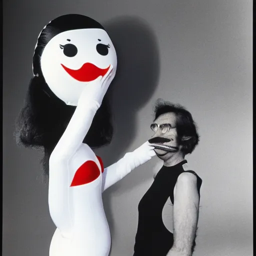 Prompt: 1976 woman wearing a long prosthetic snout nose and nostril, soft color wearing a leotard 1976 holding a smiley inflatable hand puppet color film 16mm Almodovar John Waters Russ Meyer Doris Wishman old photo